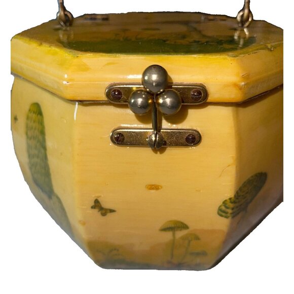 VTG Wood Octagon Decoupage Art Anton Pieck Box Purse Bag Lucite Mushroom Yellow - Picture 3 of 6
